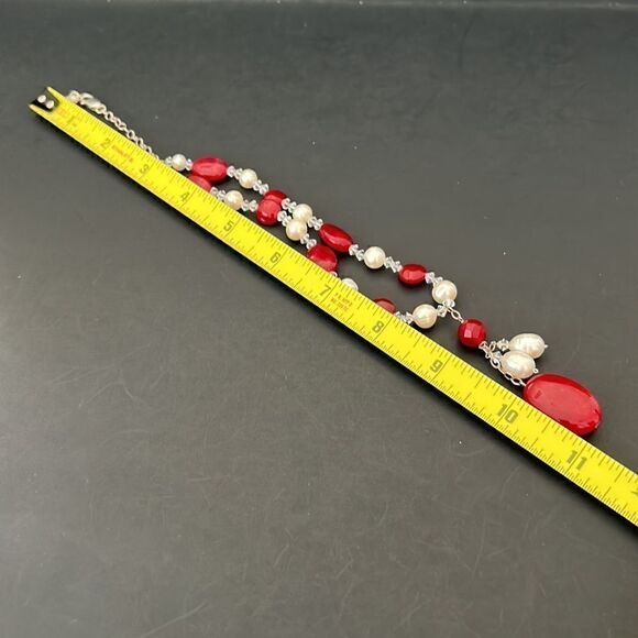 Artisan Made Red Quartz, Pearl, Crystal Sterling Silver Lariat Necklace - Picture 7 of 7